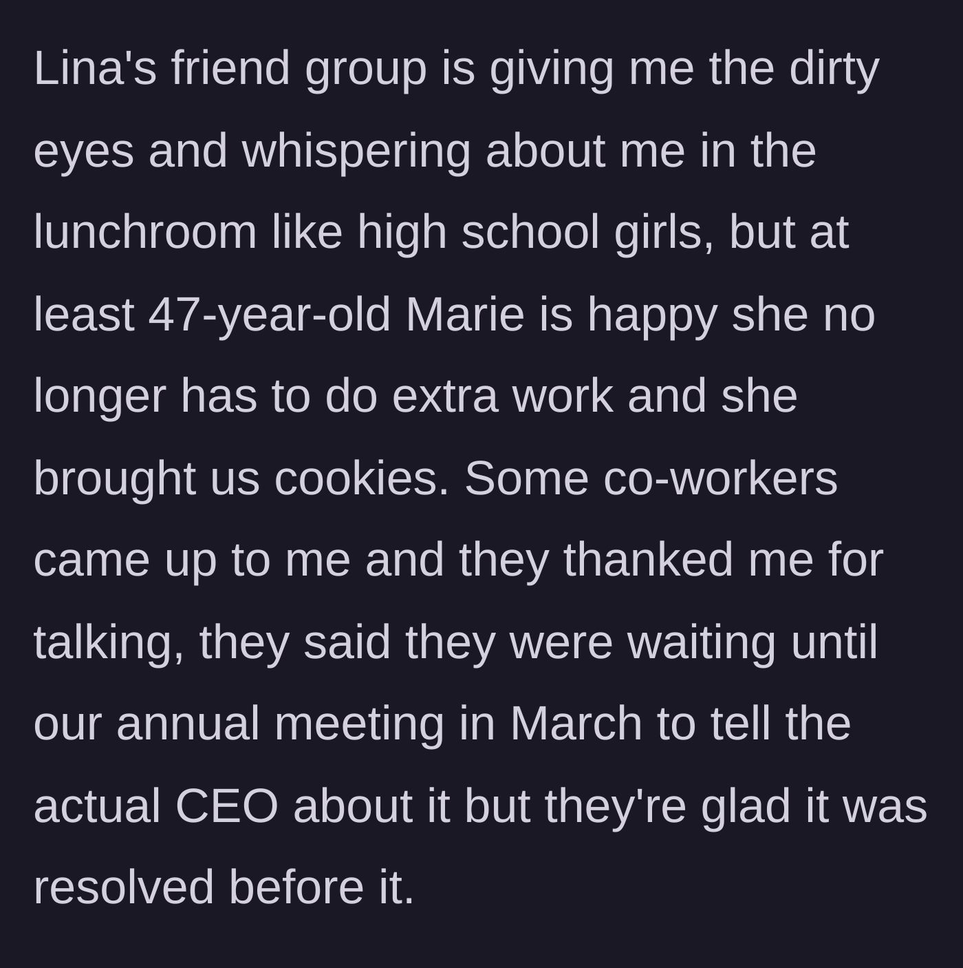 Story part 6 - The office clique sulking while older coworkers celebrate with baked goods.