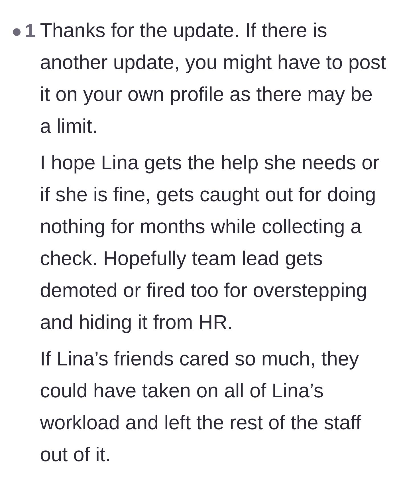 Comment thread 5 - Hoping for management accountability and suggesting the supportive friends should have absorbed the workload themselves