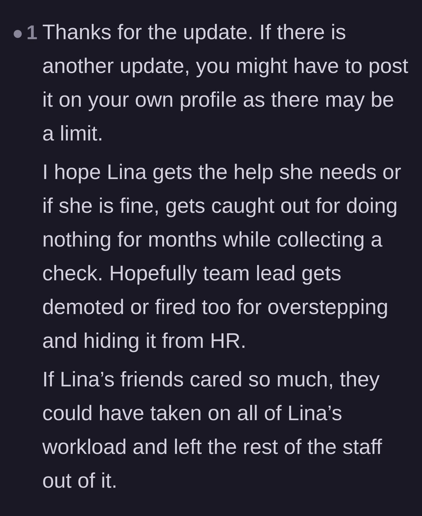 Comment thread 5 - Hoping for management accountability and suggesting the supportive friends should have absorbed the workload themselves