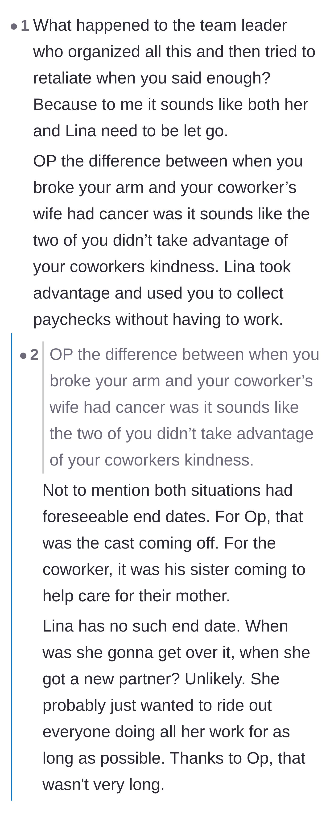 Comment thread 6 - Contrasting genuine, temporary medical emergencies with the coworker's indefinite timeline of slacking