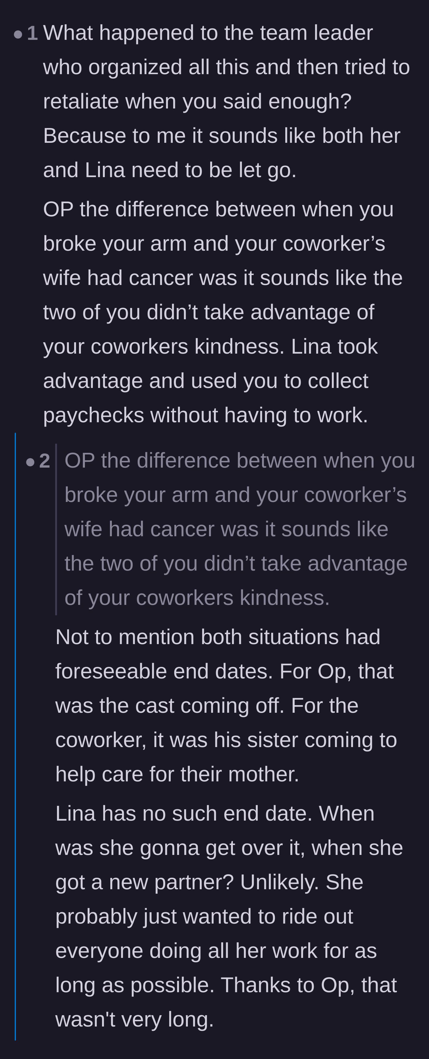 Comment thread 6 - Contrasting genuine, temporary medical emergencies with the coworker's indefinite timeline of slacking