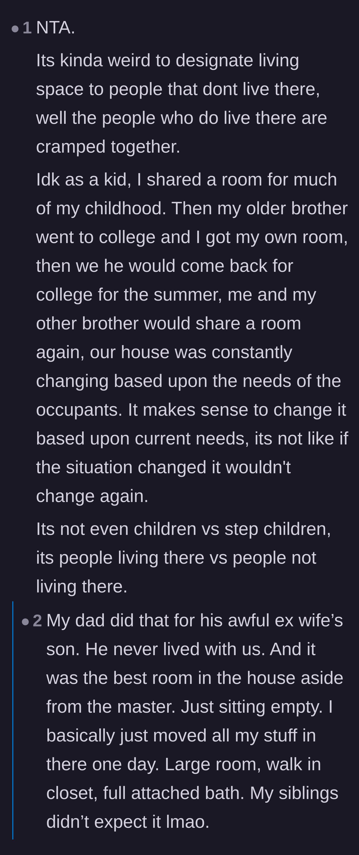 Comment thread 1 - Readers sharing practical stories about how family homes naturally adapt and repurpose empty bedrooms when children move out.