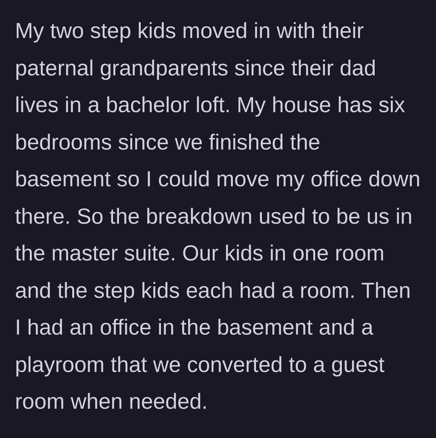 Story part 3 - The stepchildren move in with their paternal grandparents, leaving two empty bedrooms in the large family home.