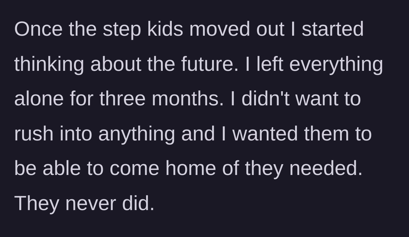 Story part 4 - Three months pass with the bedrooms untouched, but the stepchildren never return to visit.