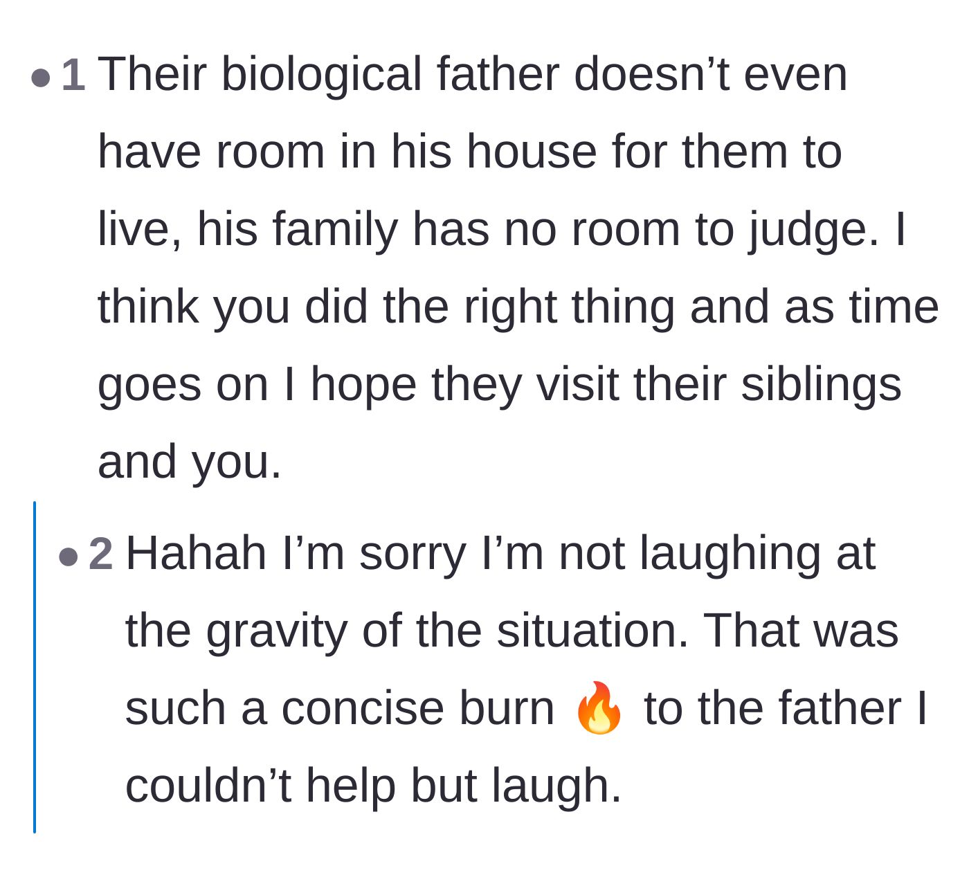 Comment thread 2 - A debate about the biological father's hypocrisy in judging the stepfather's housing situation while living in a bachelor loft himself.