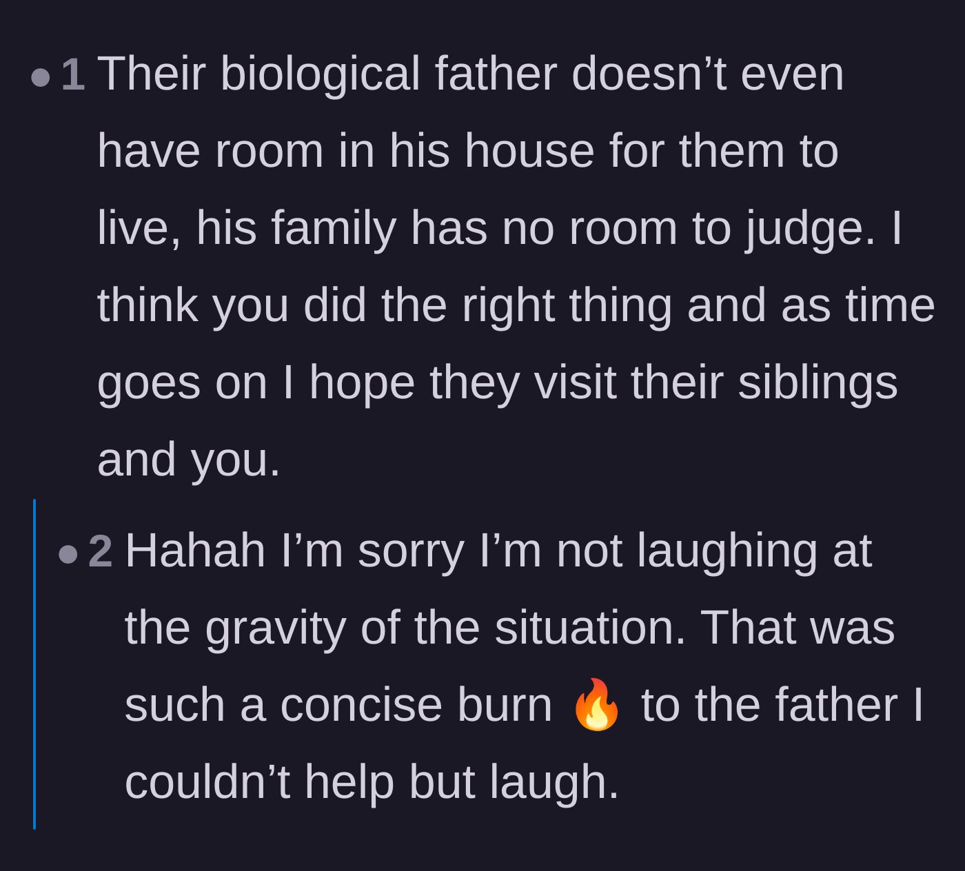 Comment thread 2 - A debate about the biological father's hypocrisy in judging the stepfather's housing situation while living in a bachelor loft himself.