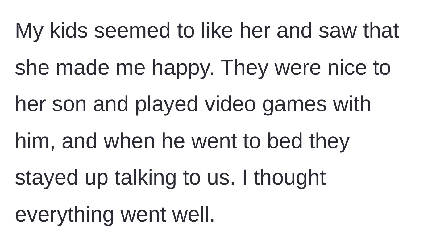 Story part 5 - A description of a successful holiday where the adult children seemed to embrace the new girlfriend and her young son.