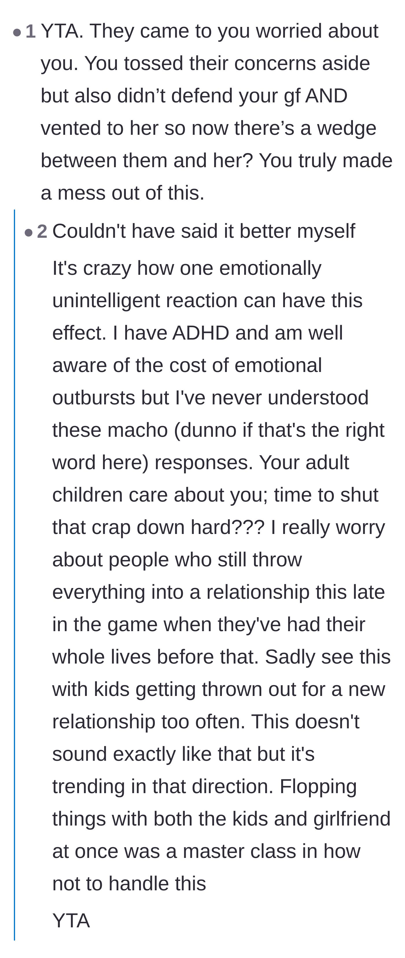Comment thread 1 - A discussion on how his emotional reaction created a wedge between his children and his girlfriend.