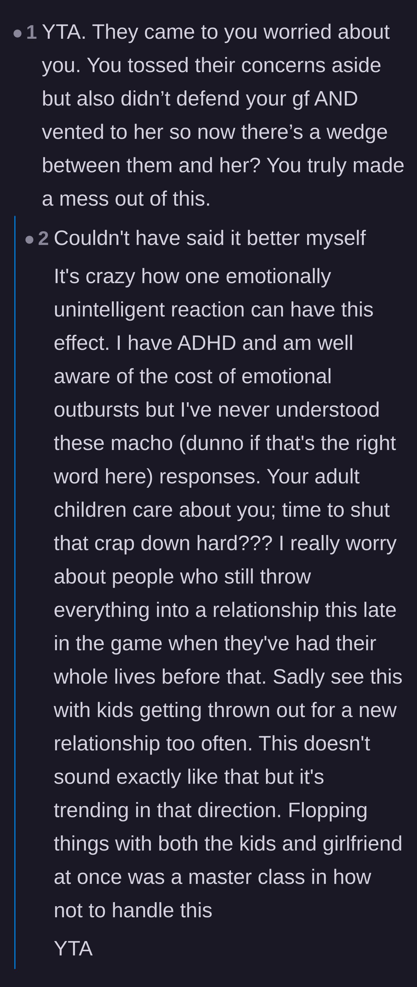 Comment thread 1 - A discussion on how his emotional reaction created a wedge between his children and his girlfriend.