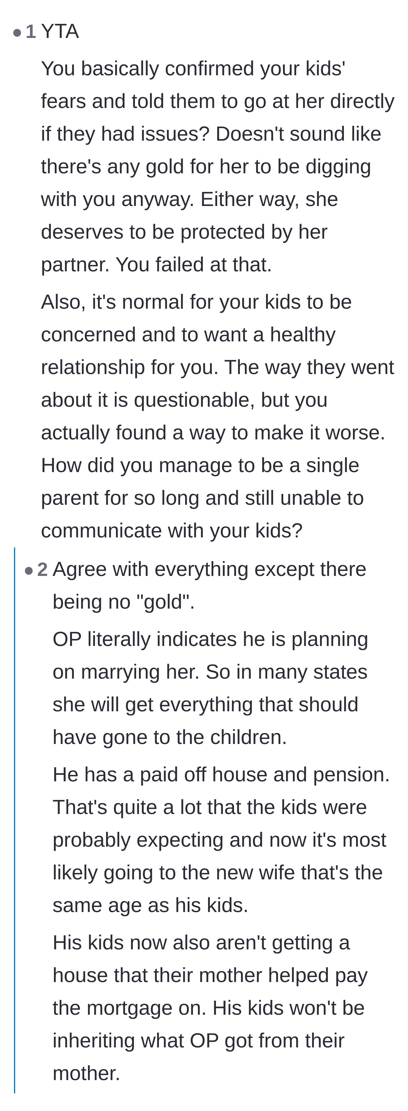 Comment thread 2 - A debate about the financial realities of his estate and how an inheritance is affected by remarriage.