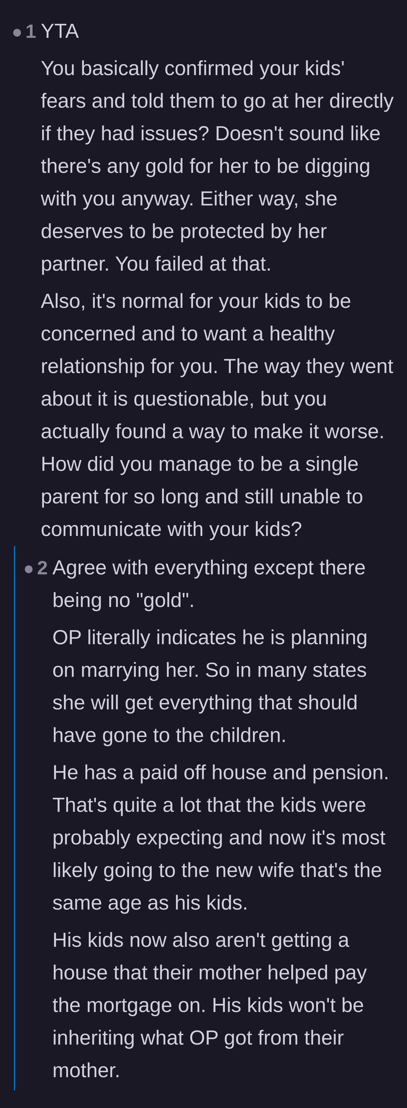 Comment thread 2 - A debate about the financial realities of his estate and how an inheritance is affected by remarriage.