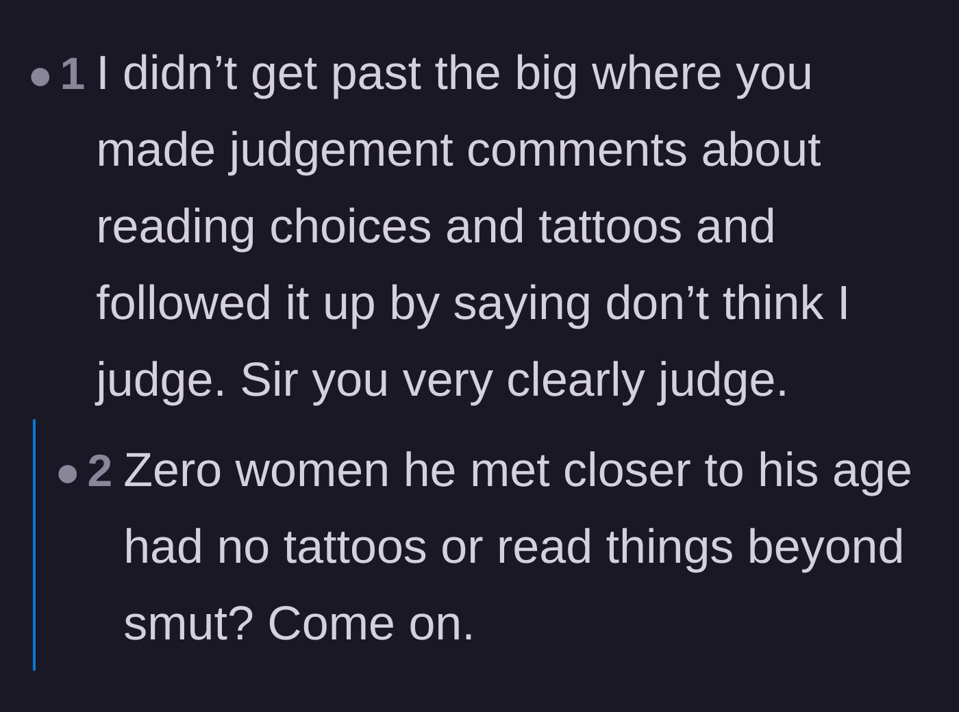 Comment thread 3 - Readers calling out the author's judgmental comments about younger women who read romance novels or have tattoos.