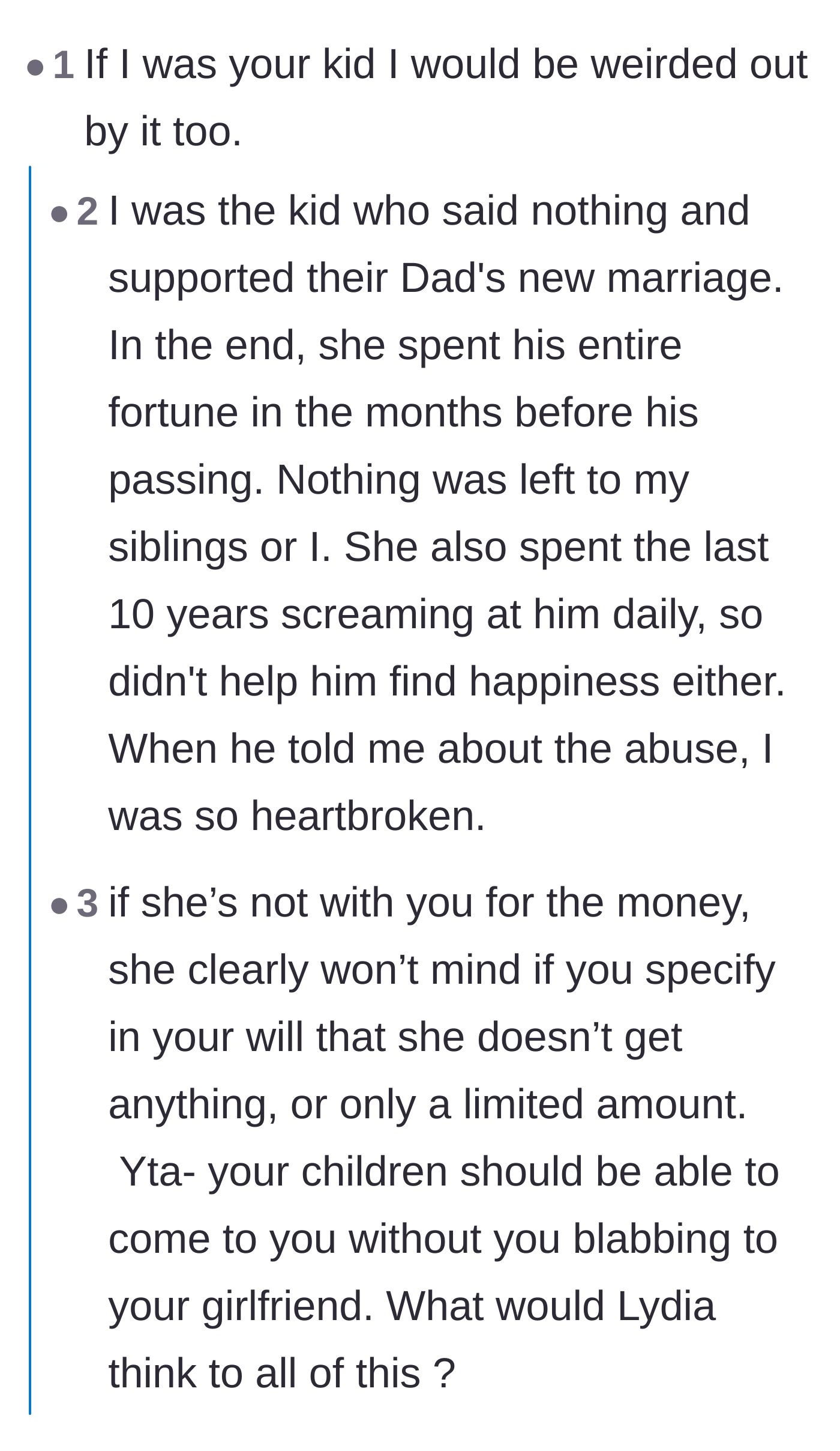 Comment thread 4 - Empathy for the adult children's concerns, including stories of older parents being financially drained by new spouses.