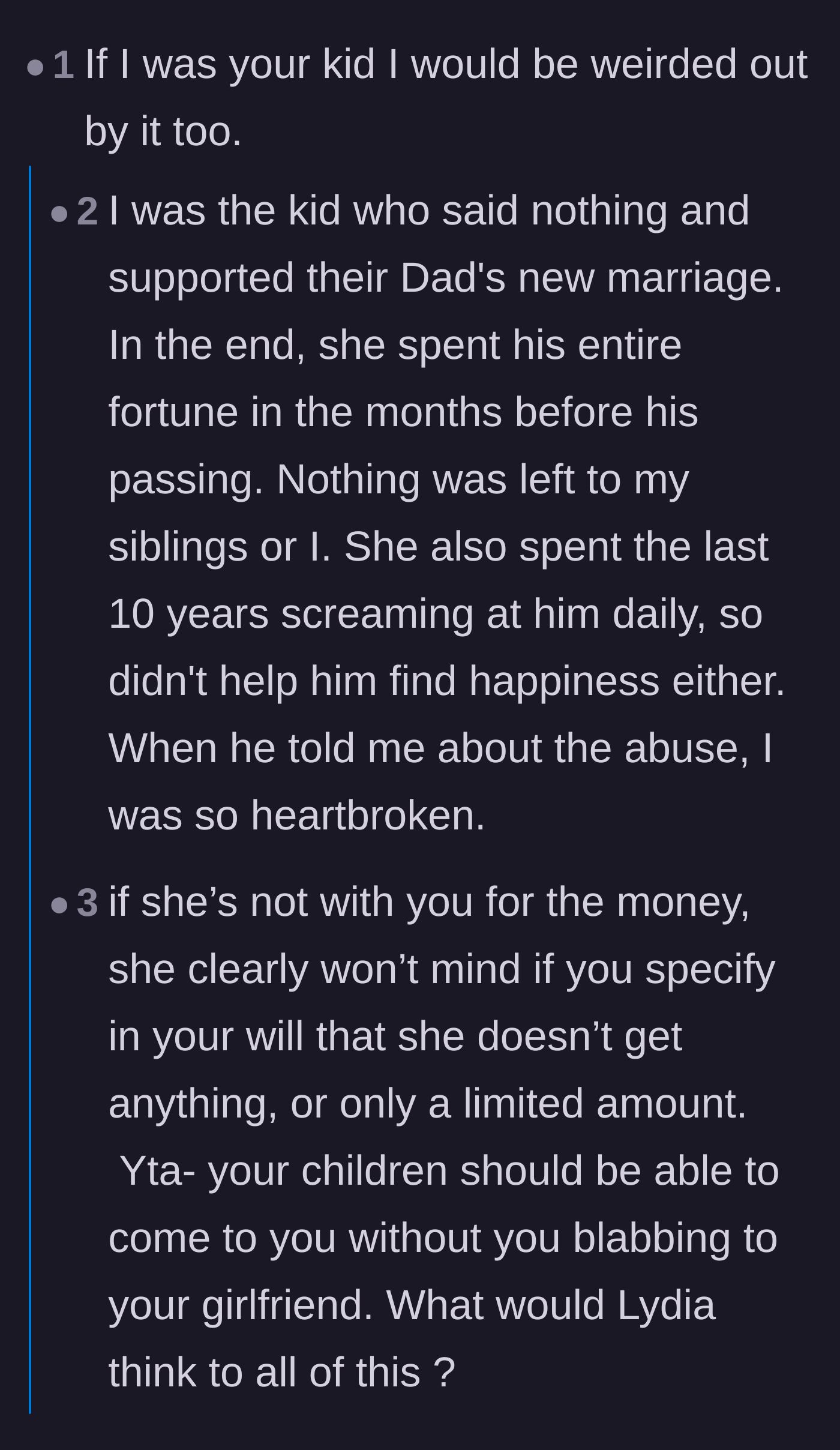 Comment thread 4 - Empathy for the adult children's concerns, including stories of older parents being financially drained by new spouses.