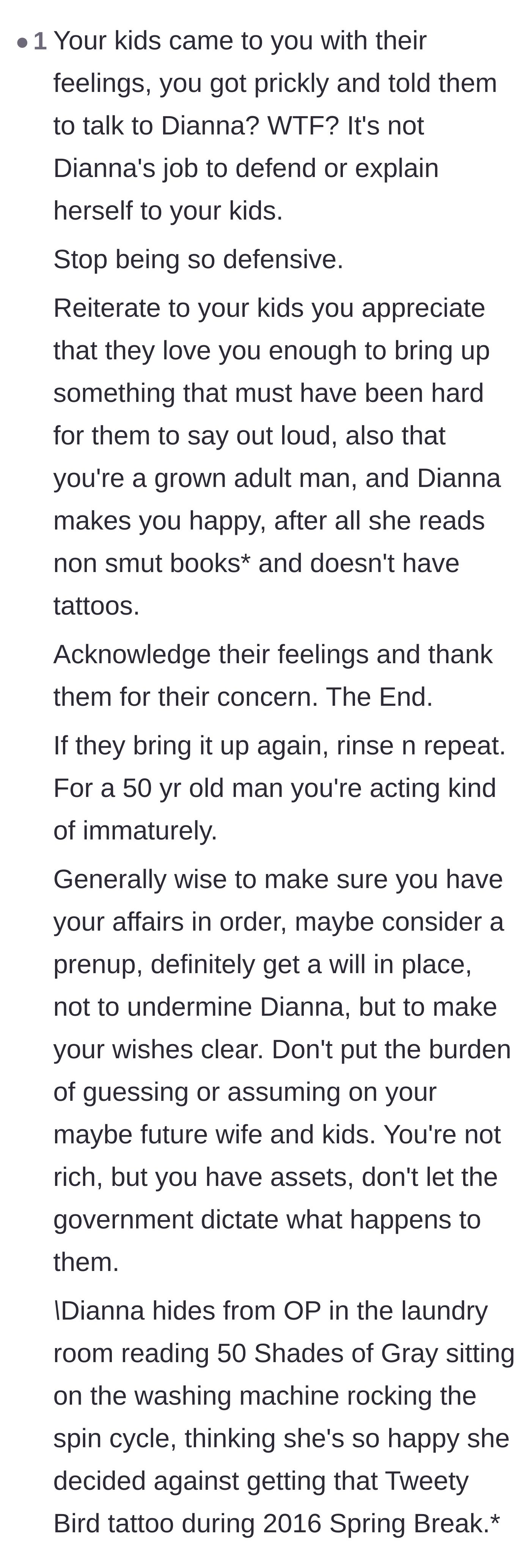 Comment thread 6 - Advice on communicating better with his kids and setting up a prenup to avoid future resentment.