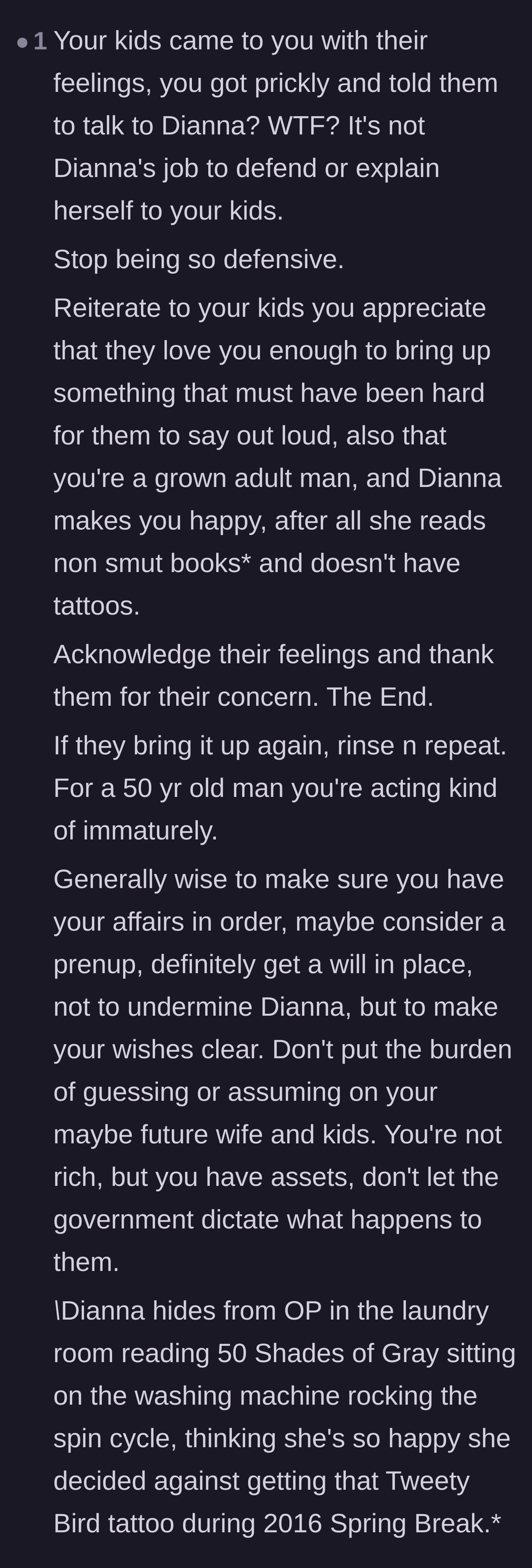 Comment thread 6 - Advice on communicating better with his kids and setting up a prenup to avoid future resentment.