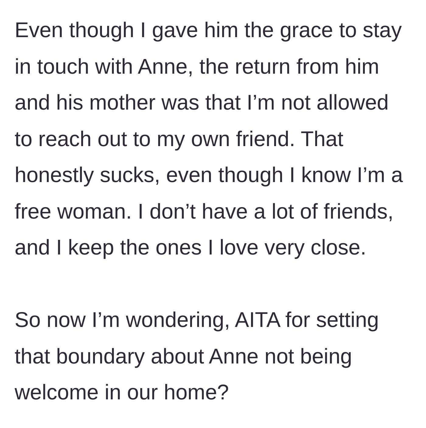 Story part 8 - The wife reflects on the unfair double standards and questions her decision.