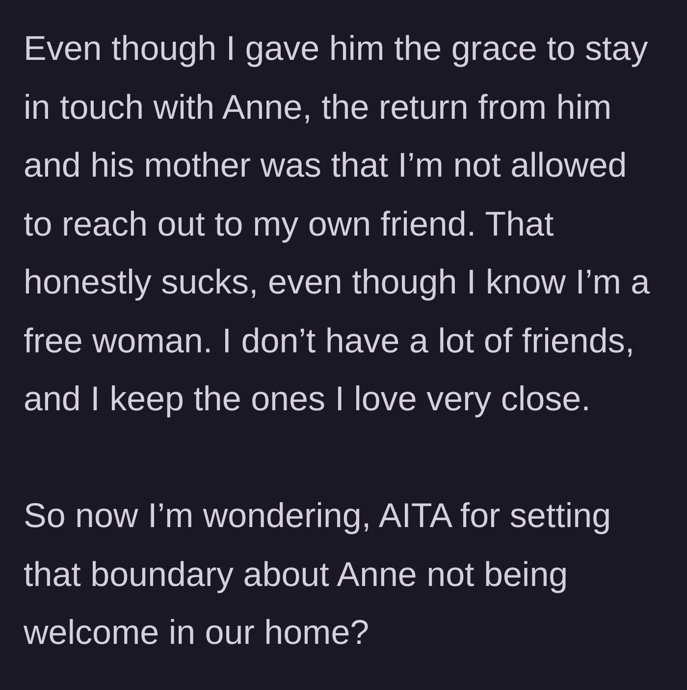 Story part 8 - The wife reflects on the unfair double standards and questions her decision.