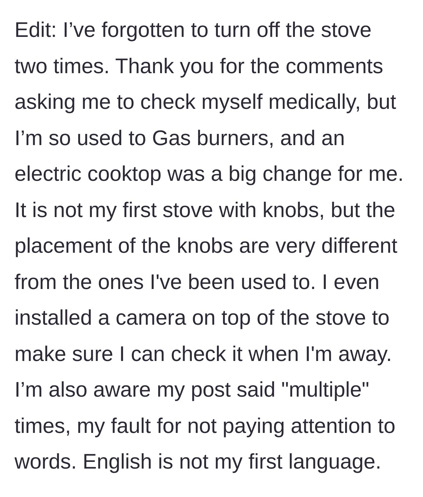 Story part 9 - An edit clarifying the stove mistakes and the steps the wife took to fix the issue.