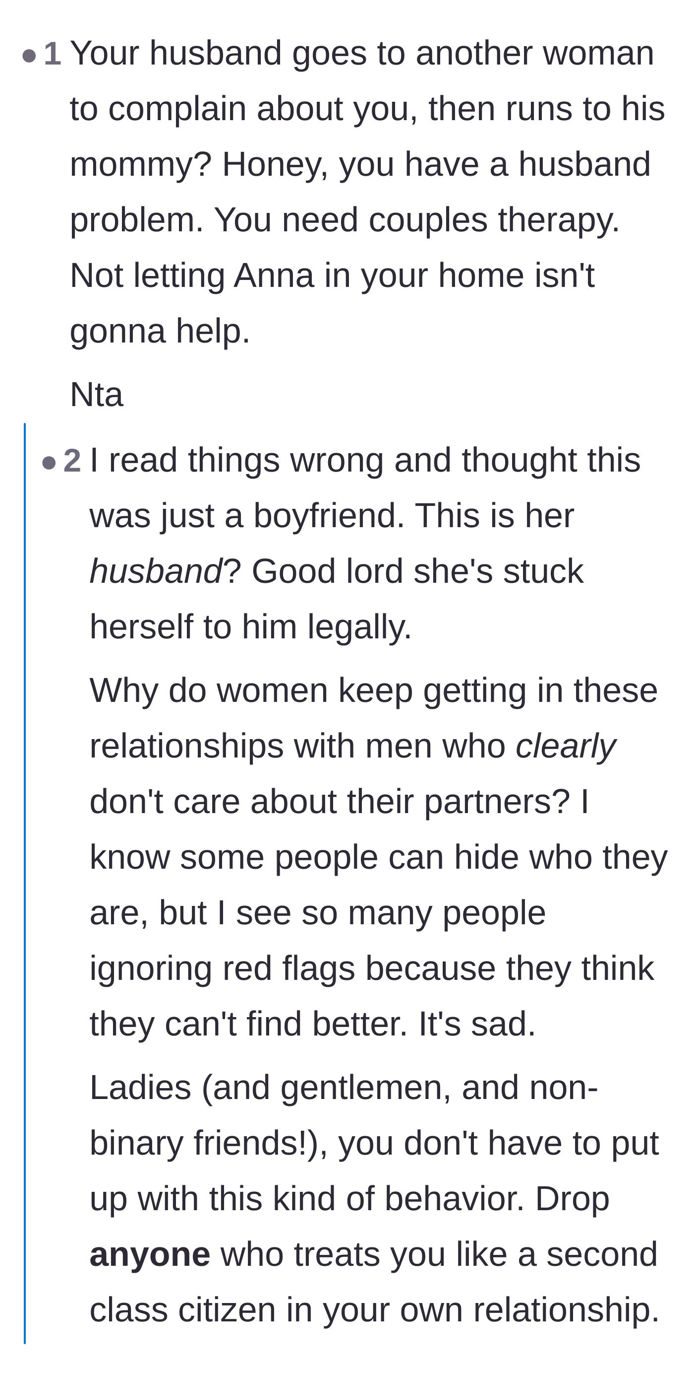 Comment thread 1 - Readers discussing why women stay with toxic men and calling out the husband's behavior.