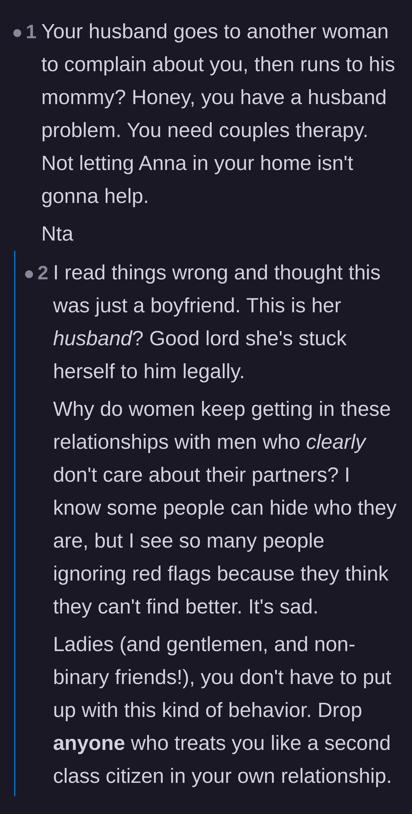 Comment thread 1 - Readers discussing why women stay with toxic men and calling out the husband's behavior.