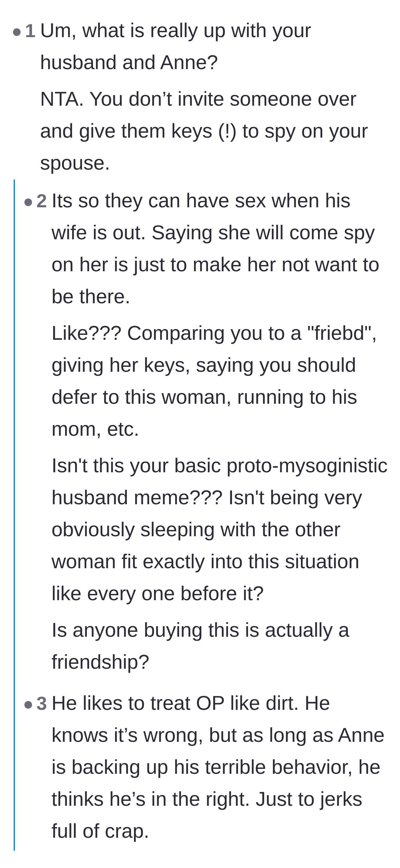 Comment thread 2 - Commenters questioning if the husband is secretly having an affair with Anne.