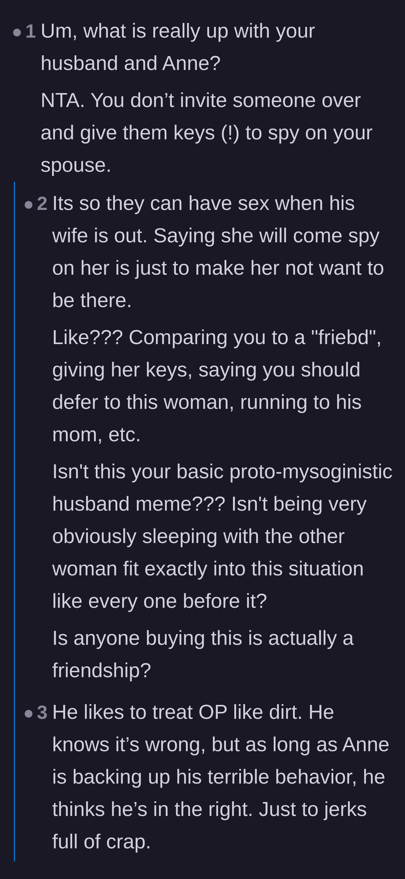 Comment thread 2 - Commenters questioning if the husband is secretly having an affair with Anne.
