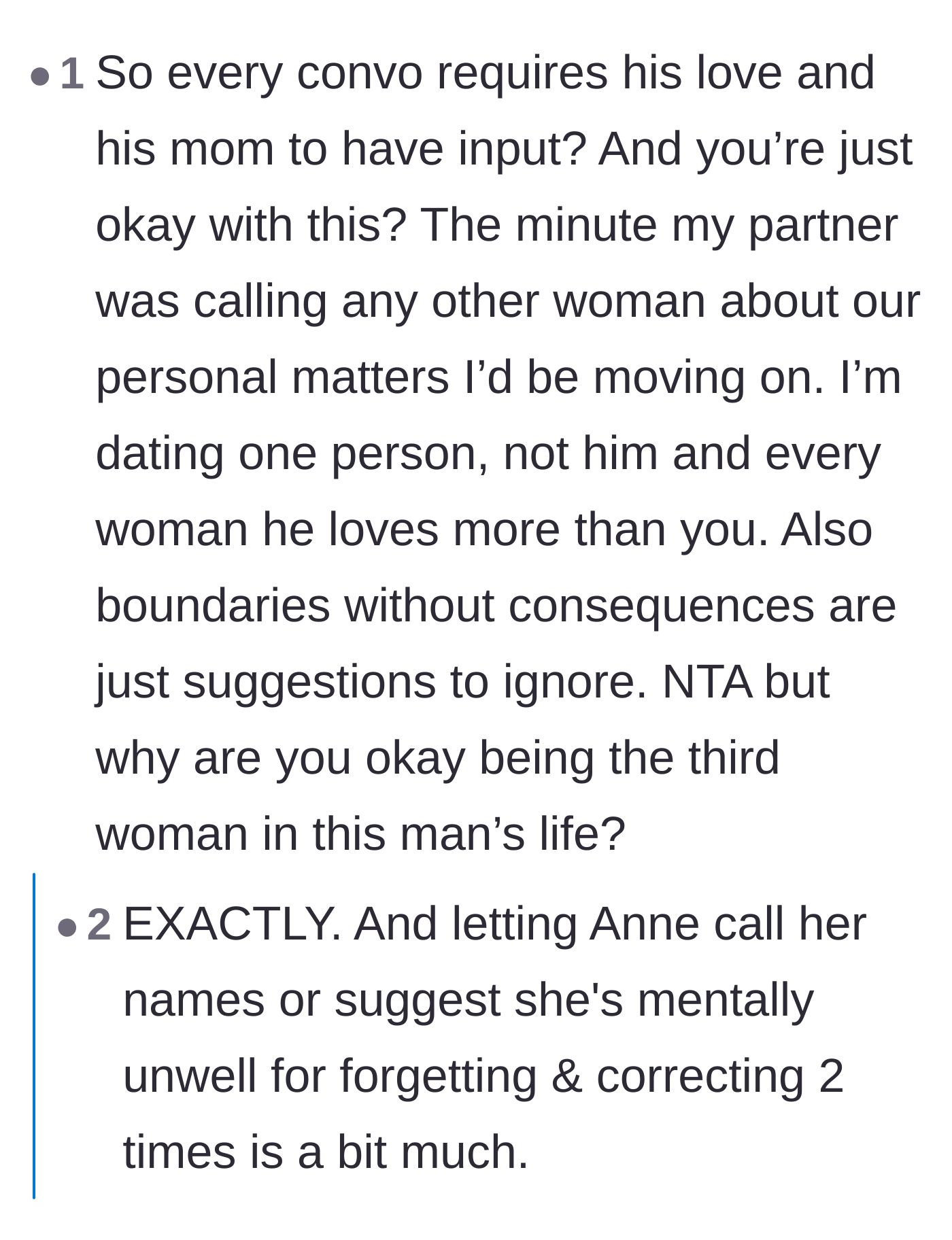 Comment thread 5 - Readers criticizing the wife for accepting a relationship where she comes in third.