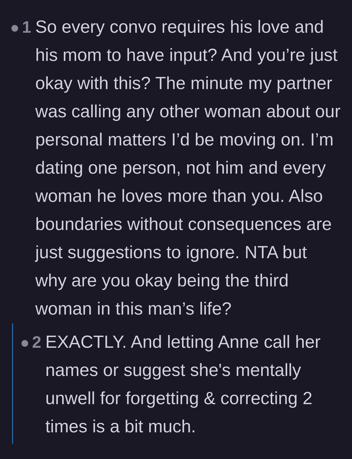 Comment thread 5 - Readers criticizing the wife for accepting a relationship where she comes in third.