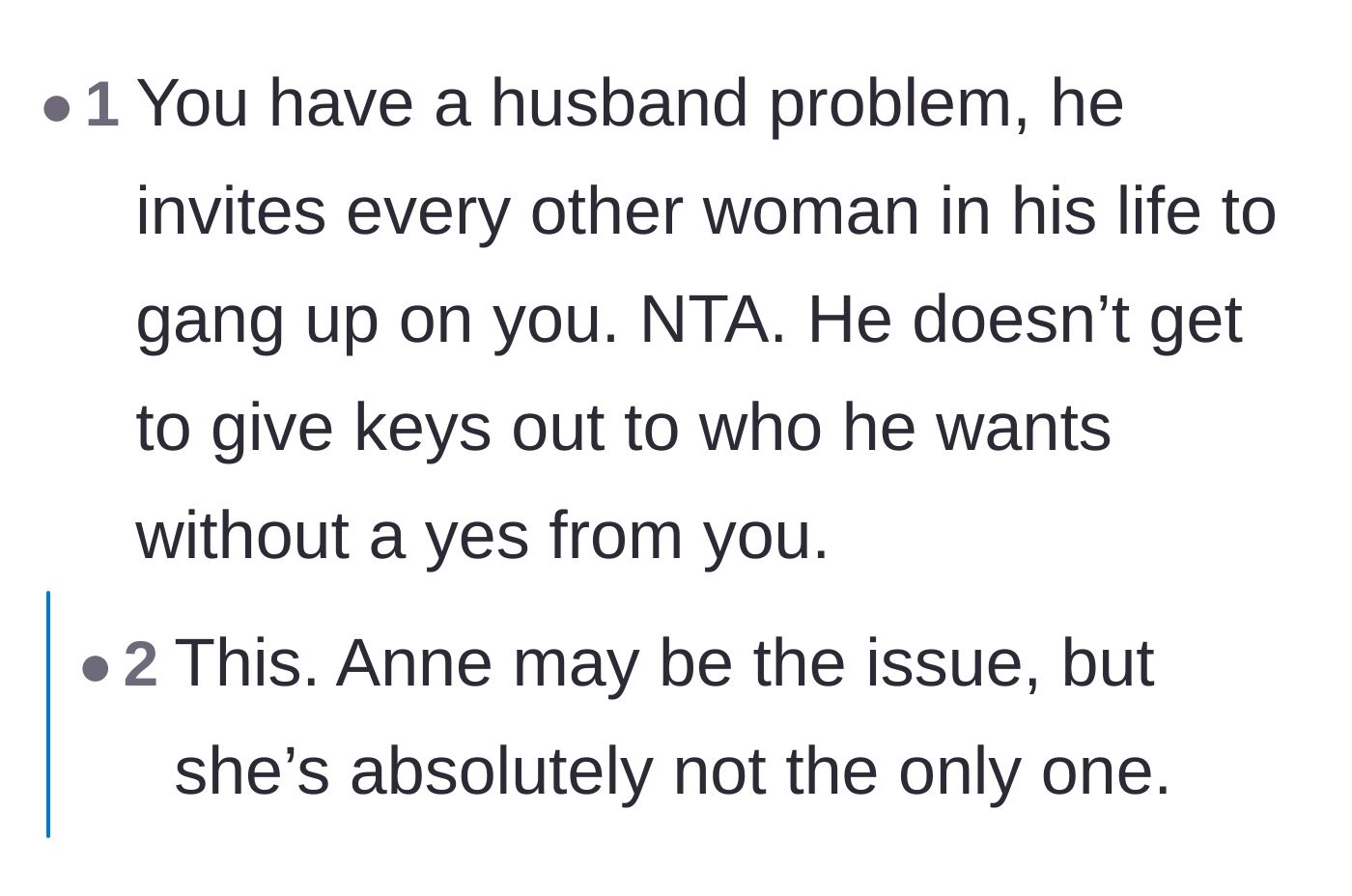 Comment thread 6 - A final comment summarizing that the husband is the root of the problem, not just the friend.