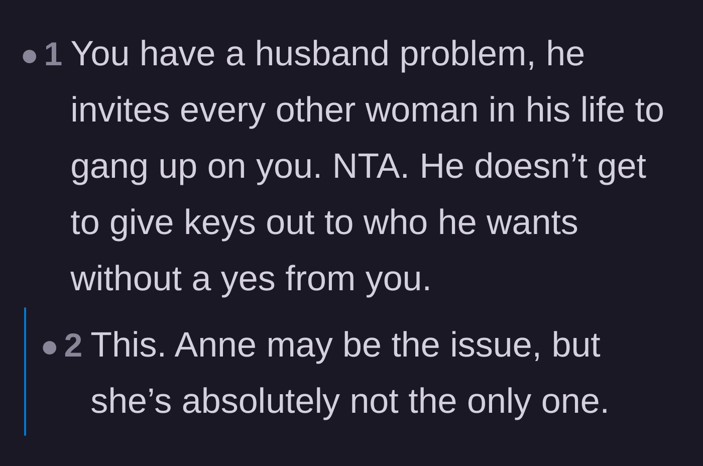 Comment thread 6 - A final comment summarizing that the husband is the root of the problem, not just the friend.