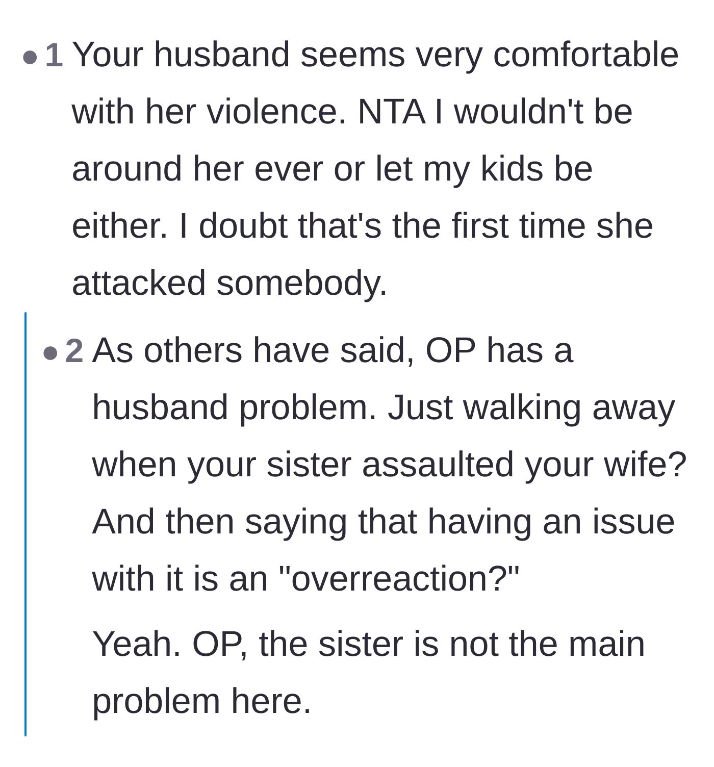 Comment thread 4 - Comments noting the husband's alarming comfort with his sister's violence and urging the wife to protect her kids.
