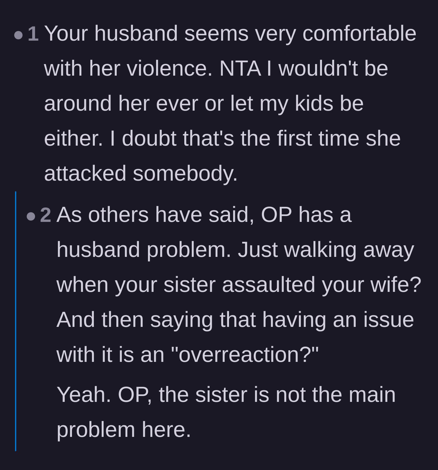 Comment thread 4 - Comments noting the husband's alarming comfort with his sister's violence and urging the wife to protect her kids.
