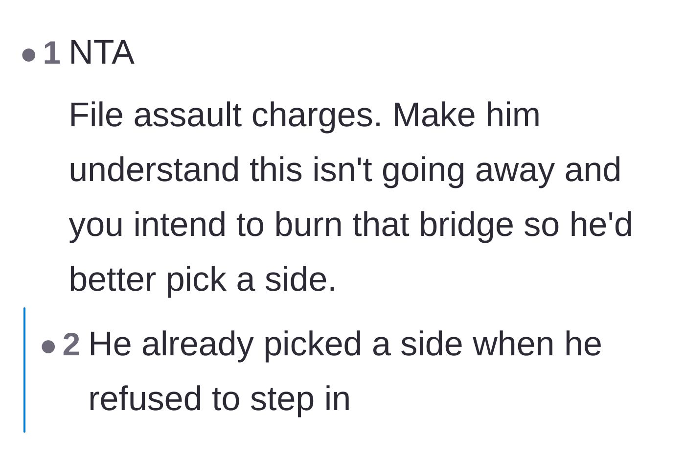 Comment thread 5 - A debate about forcing the husband to pick a side by pressing charges, with a reply noting he already chose.