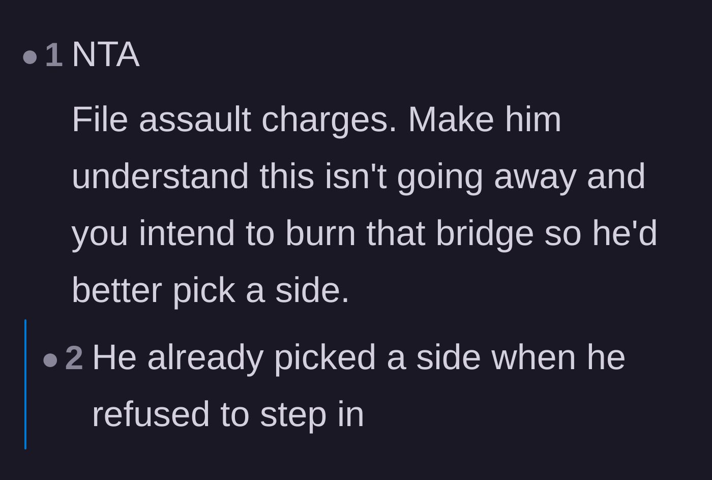 Comment thread 5 - A debate about forcing the husband to pick a side by pressing charges, with a reply noting he already chose.
