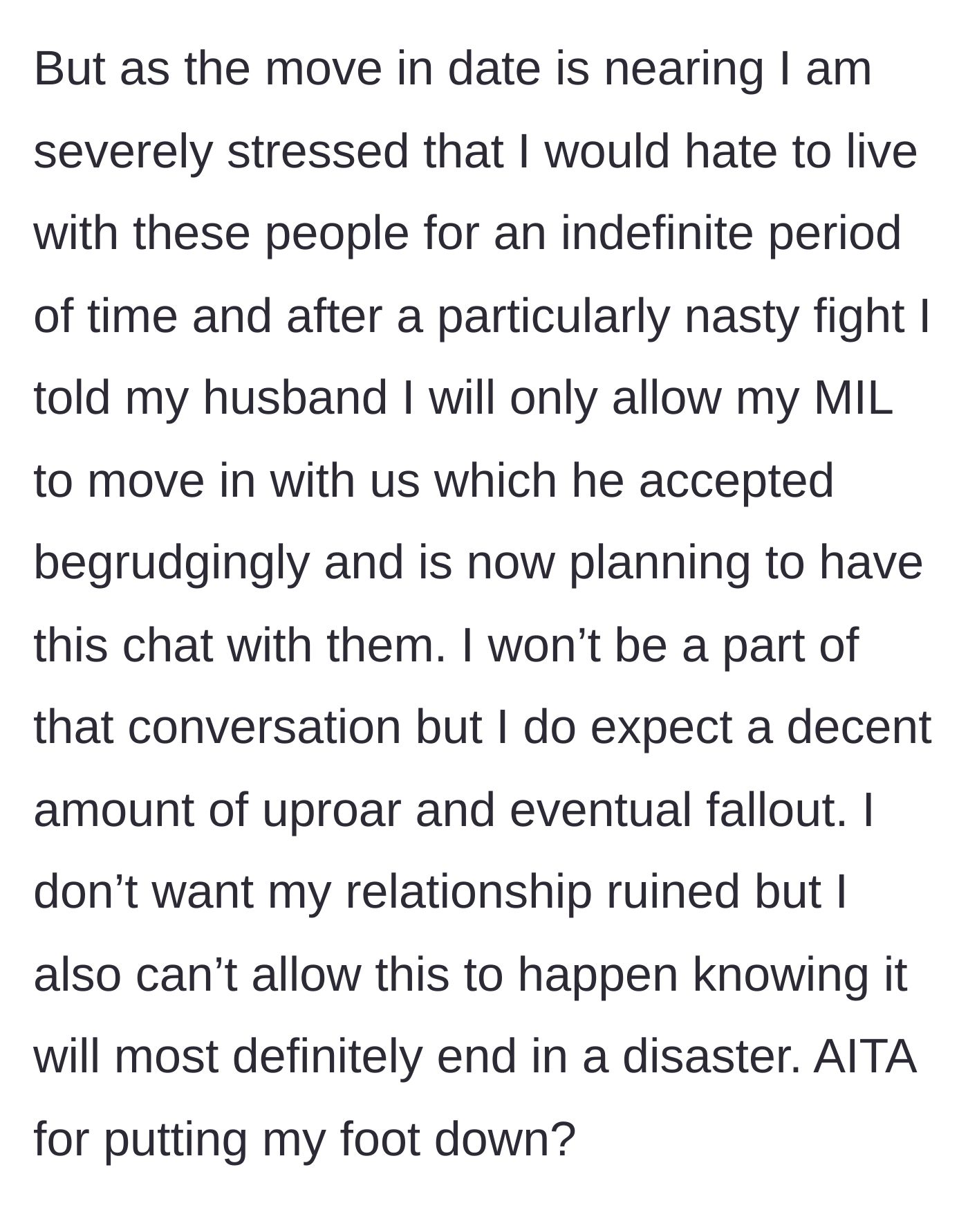Story part 4 - Stressed as the move-in date approaches, the wife compromises to let only the mother-in-law move in, bracing for the inevitable family explosion.