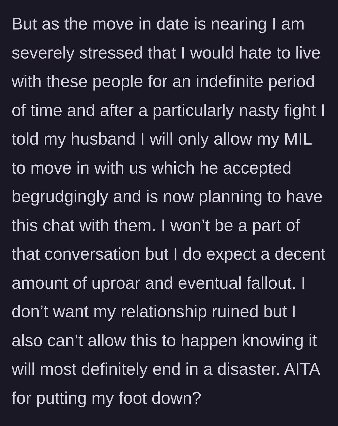 Story part 4 - Stressed as the move-in date approaches, the wife compromises to let only the mother-in-law move in, bracing for the inevitable family explosion.