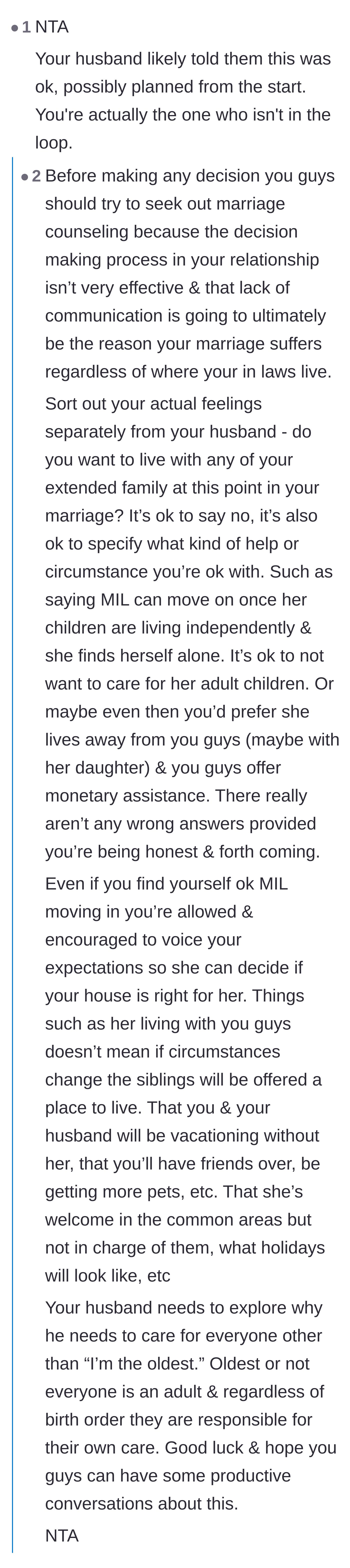Comment thread 3 - Advice suggesting the husband probably approved the move-in secretly and urging the couple to get marriage counseling.