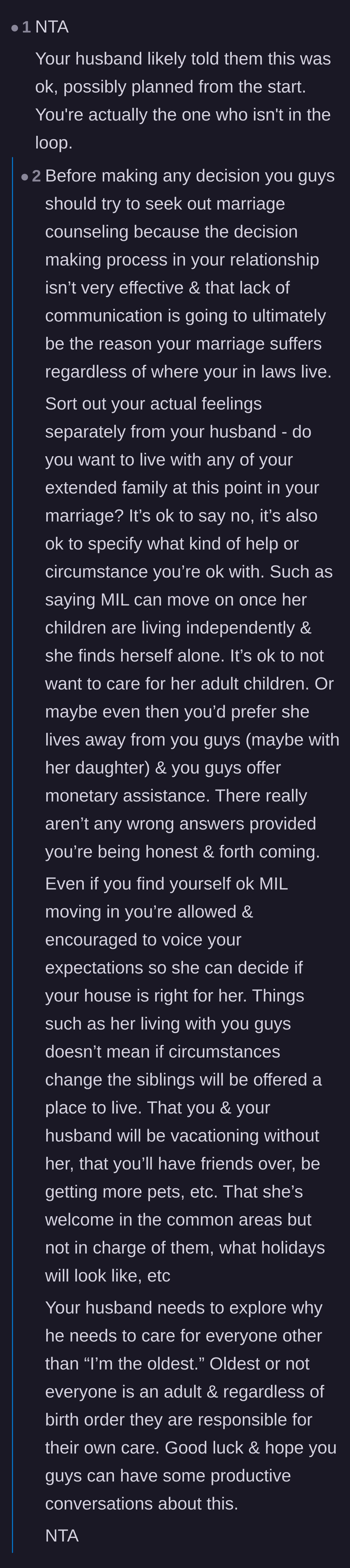 Comment thread 3 - Advice suggesting the husband probably approved the move-in secretly and urging the couple to get marriage counseling.