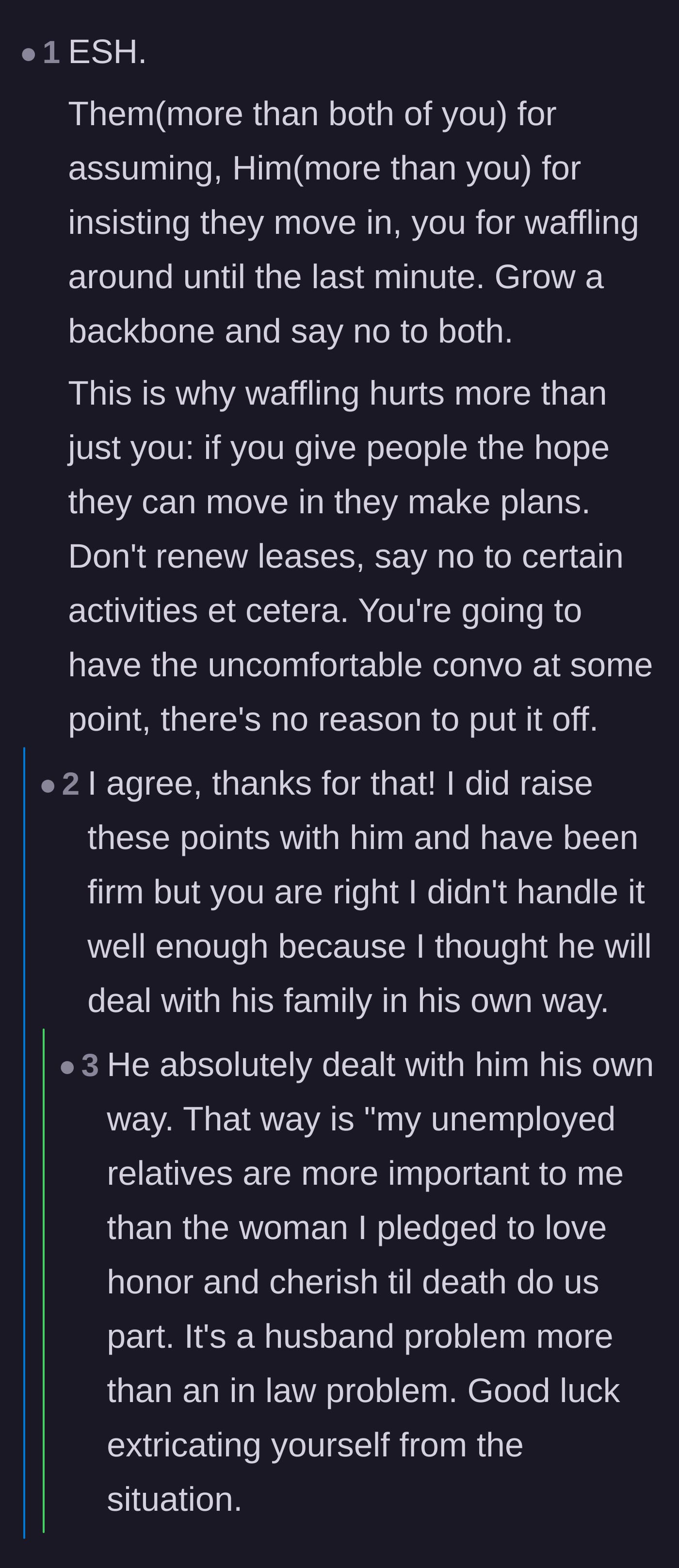 Comment thread 5 - A thread discovering that the husband is already paying half the in-laws' rent, making the situation even worse.
