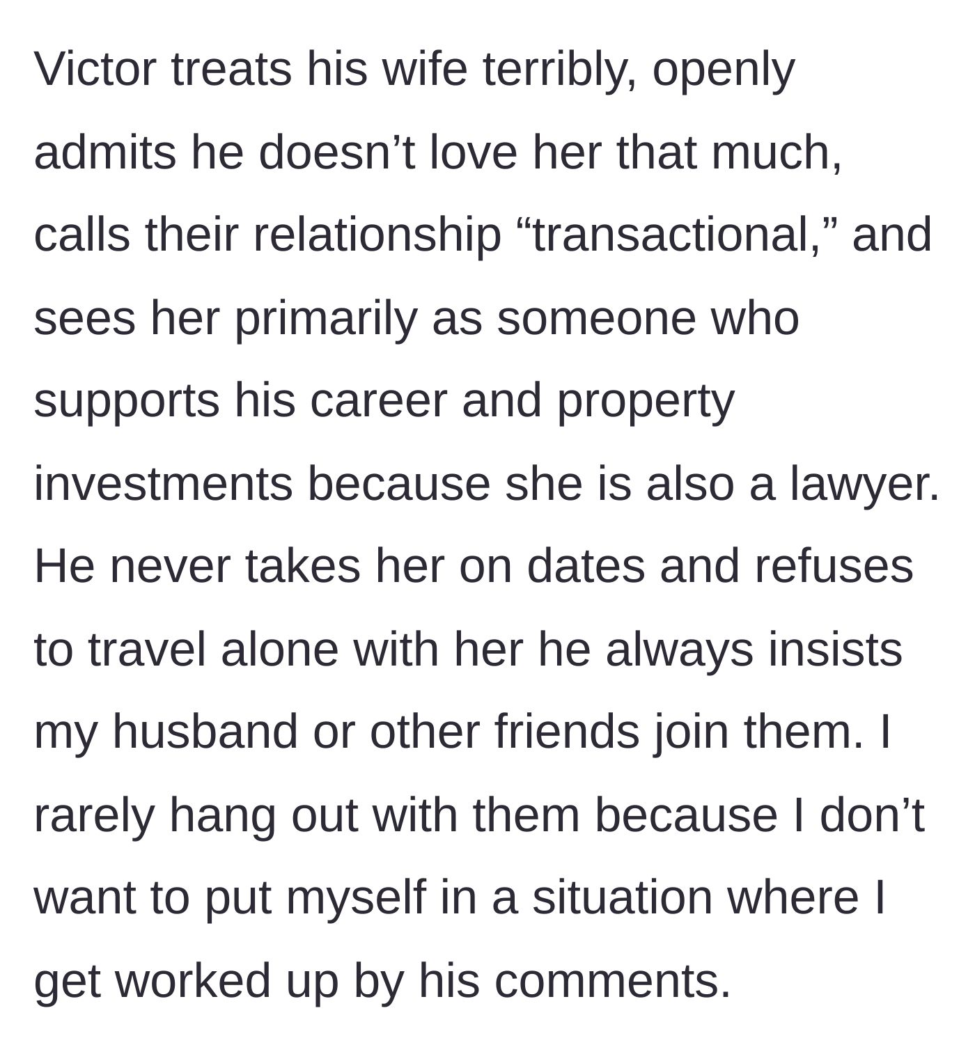 Story part 13 - The dark reality of Victor's transactional marriage and his refusal to be alone with his wife.