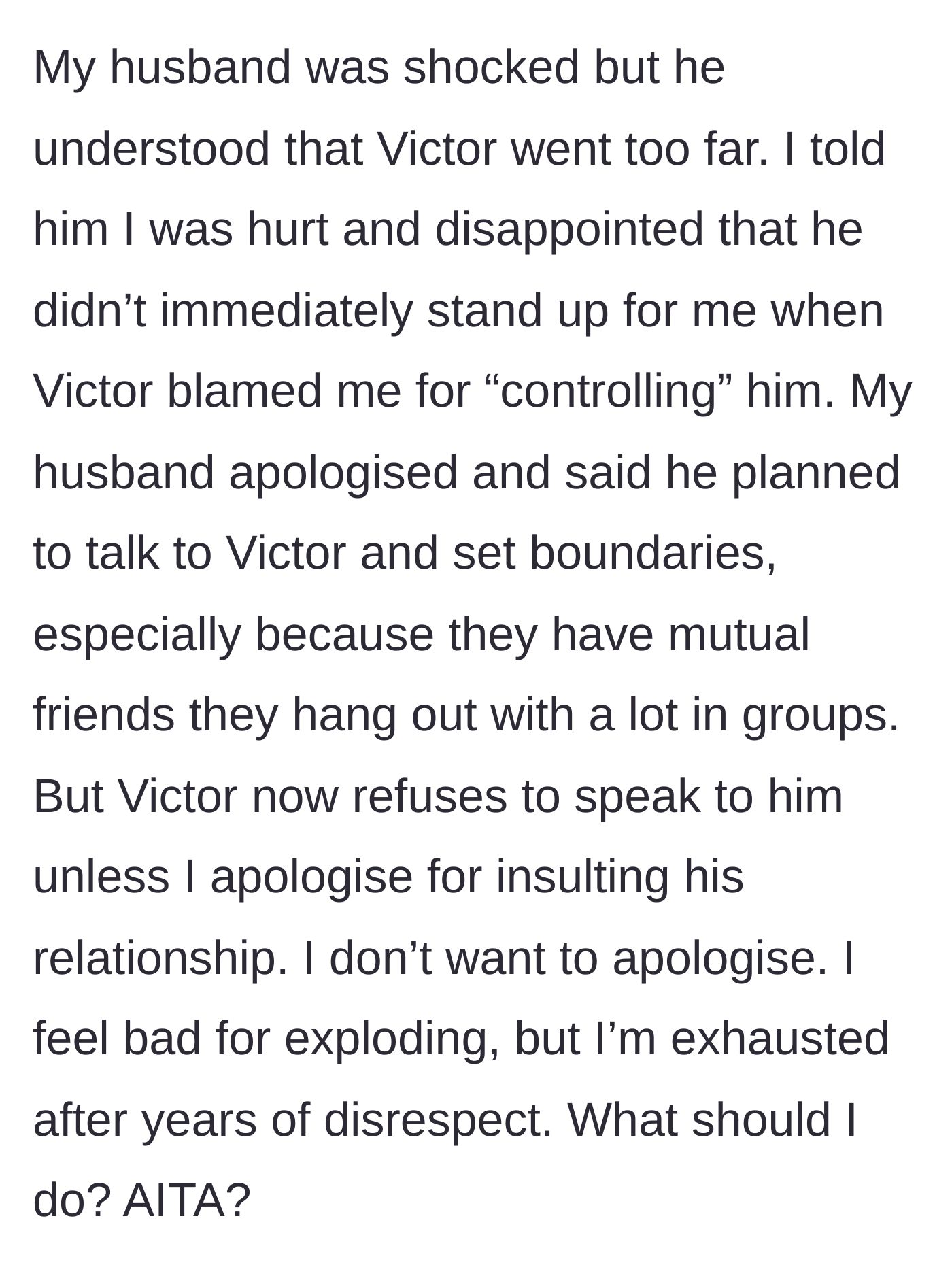 Story part 18 - The aftermath where Victor demands an apology and the wife questions if she was in the wrong.