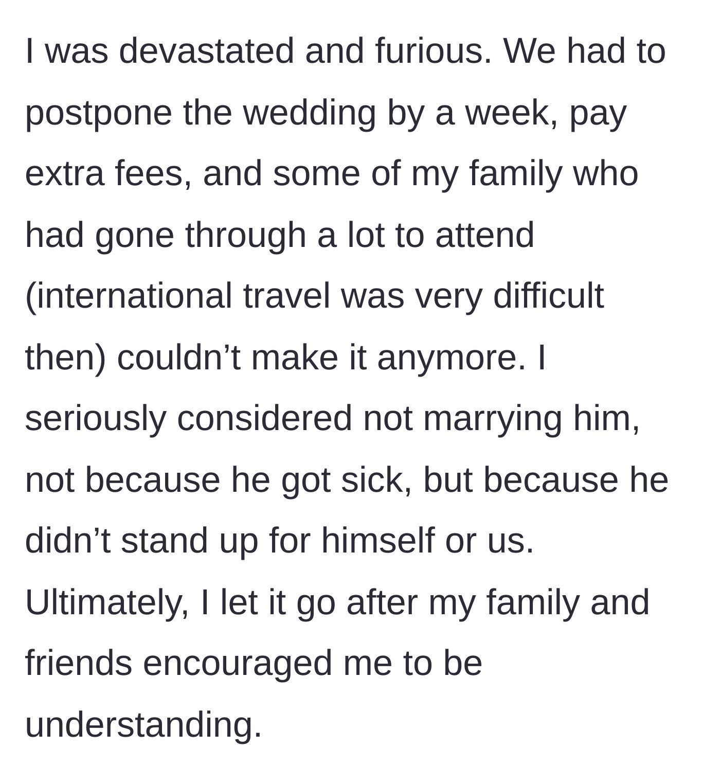Story part 6 - The bride dealing with the devastating fallout of a postponed wedding and missing family members.