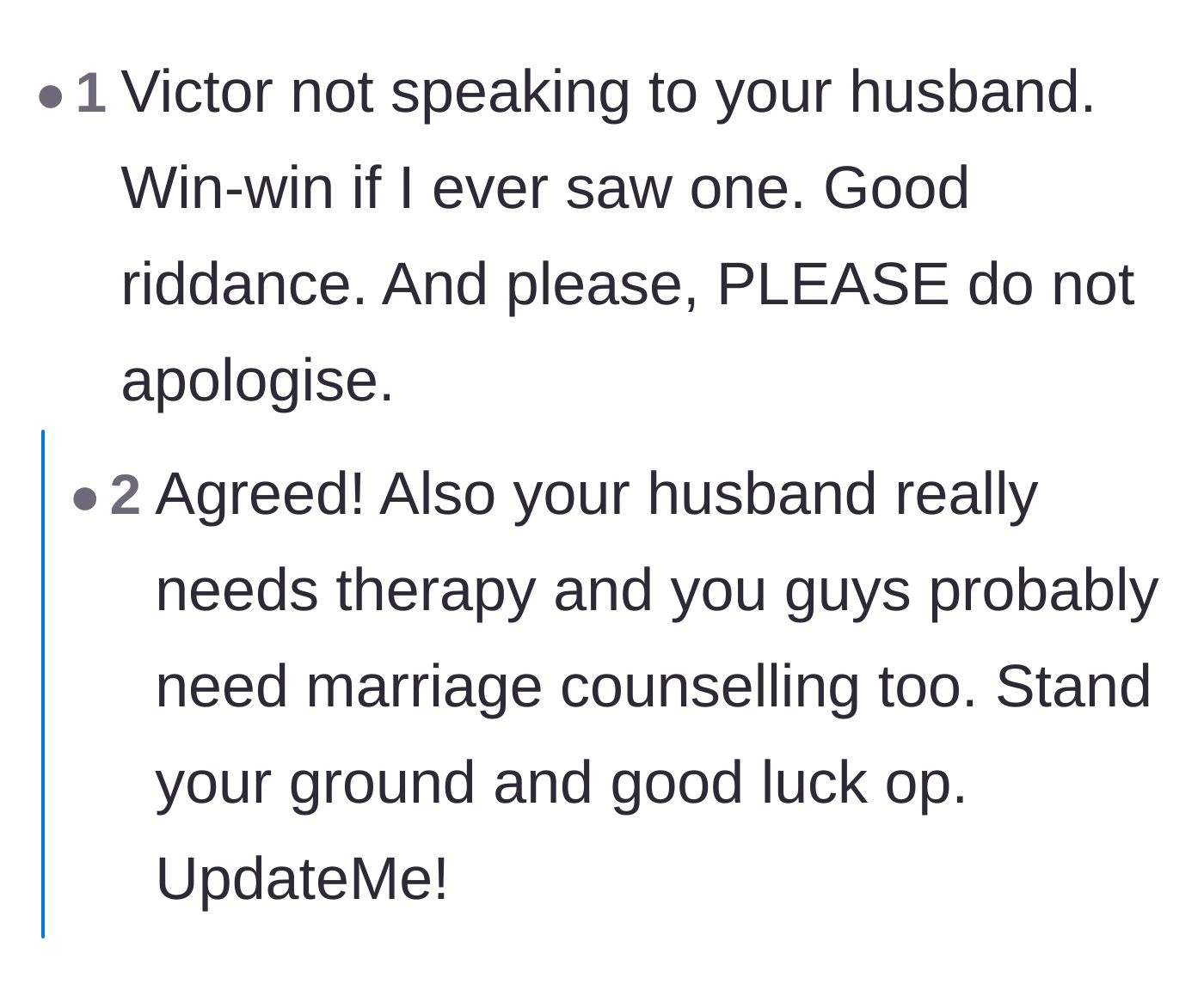 Comment thread 1 - Readers celebrating the silent treatment from Victor as a massive win and urging the couple to get therapy.