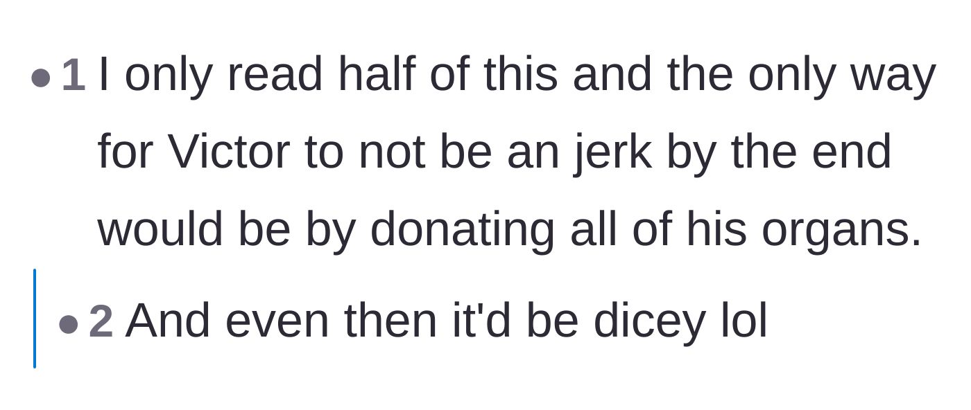 Comment thread 2 - A humorous take stating Victor could only redeem himself by donating all his organs.