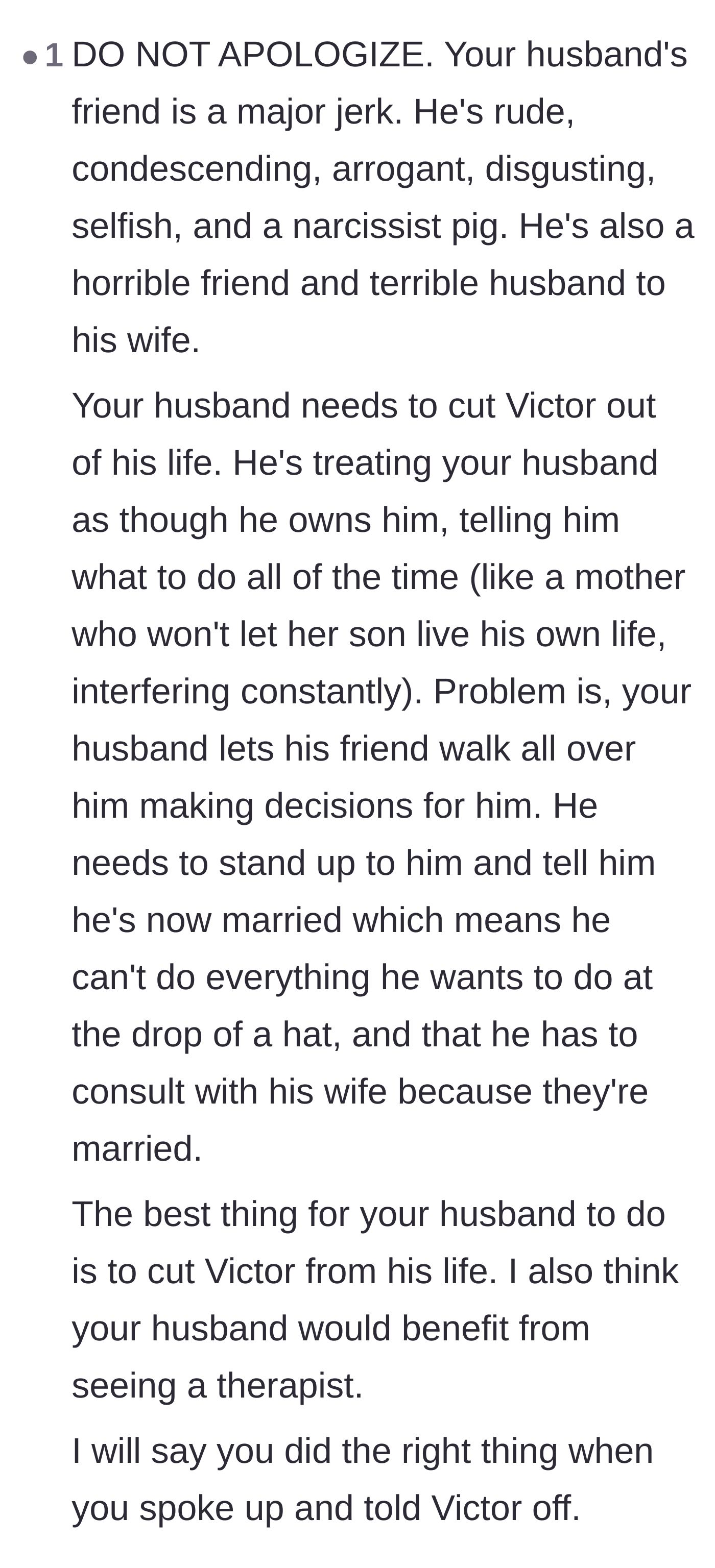 Comment thread 5 - A passionate rant calling Victor a narcissist and demanding the husband cut him off completely.