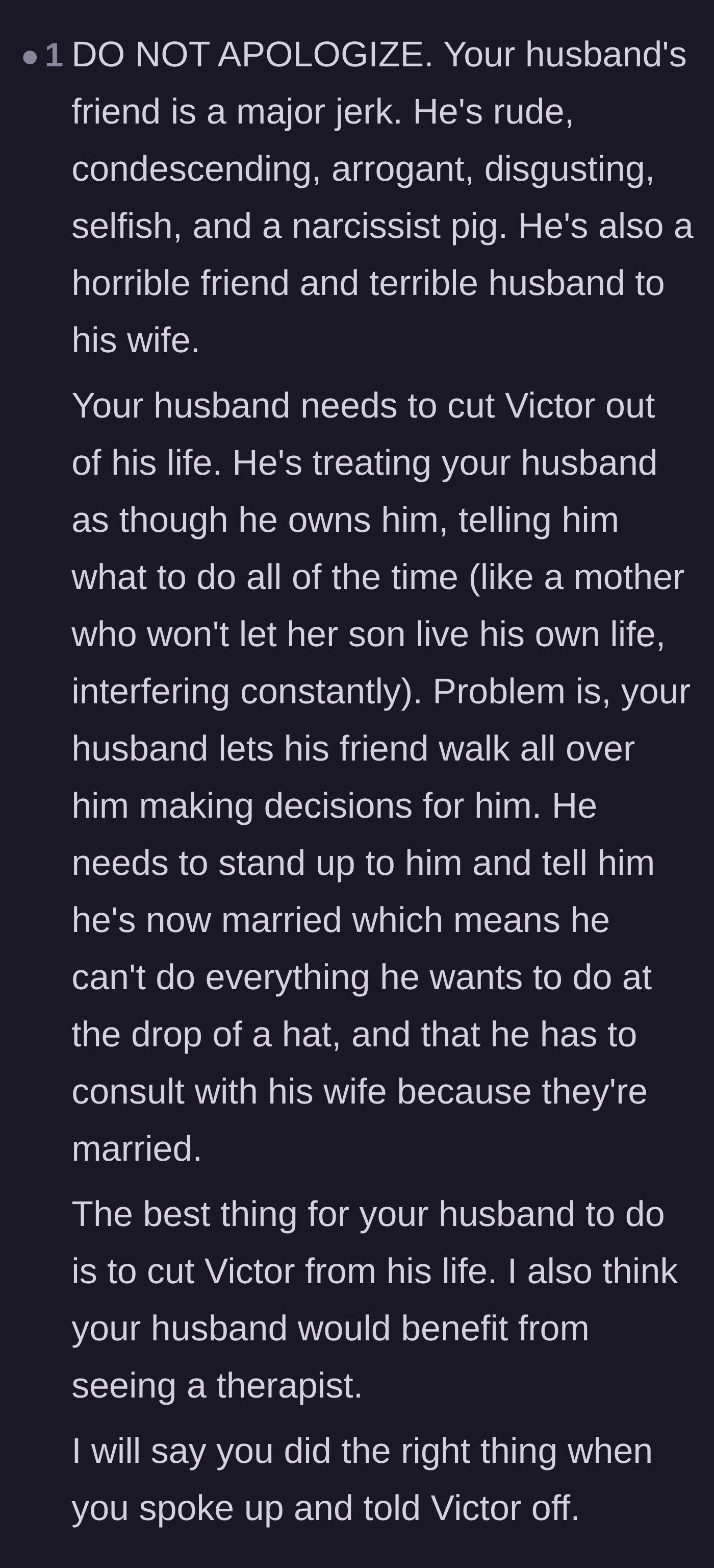 Comment thread 5 - A passionate rant calling Victor a narcissist and demanding the husband cut him off completely.
