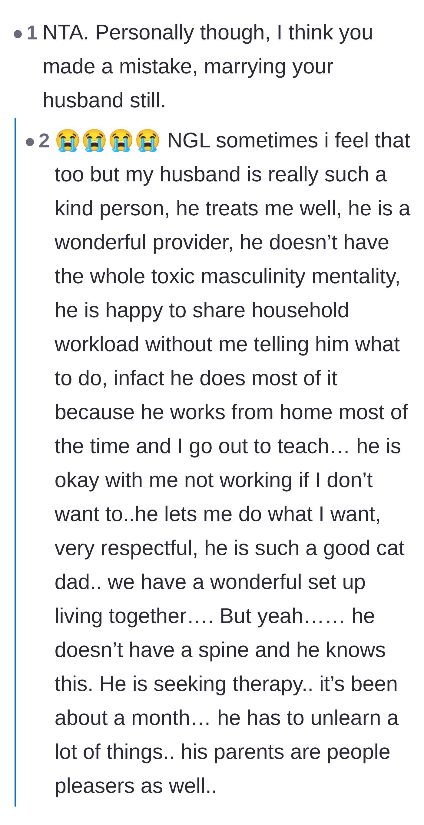 Comment thread 6 - Debate over whether the wife should have married him, with readers debunking her claims that he treats her well.