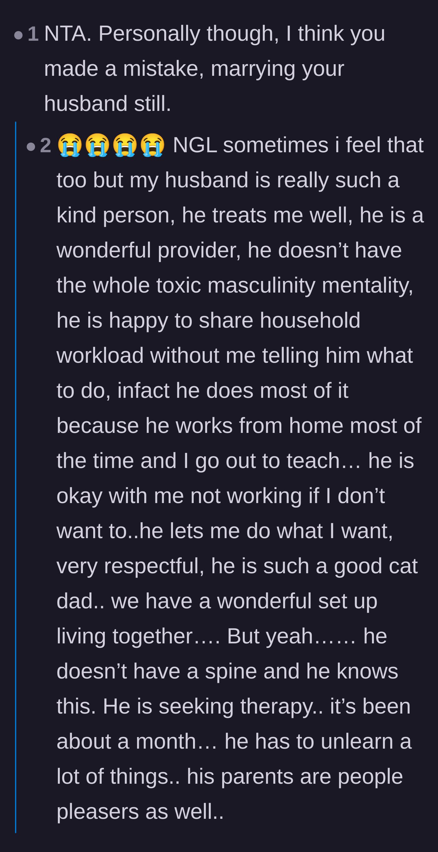 Comment thread 6 - Debate over whether the wife should have married him, with readers debunking her claims that he treats her well.