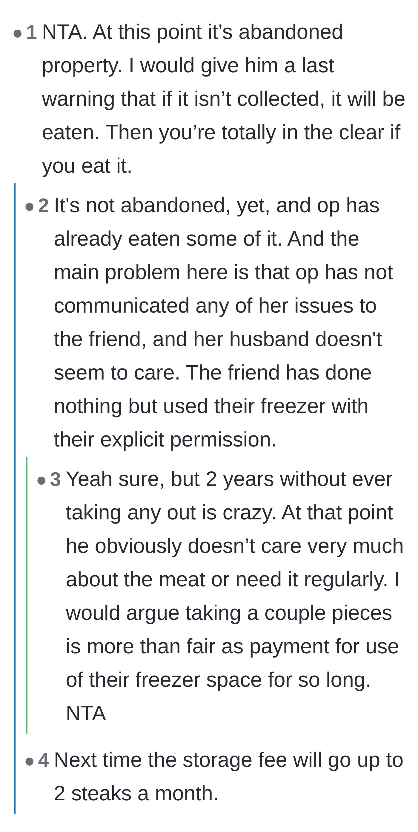 Comment thread 2 - A debate on whether two years constitutes legally abandoned property and charging steak as rent.